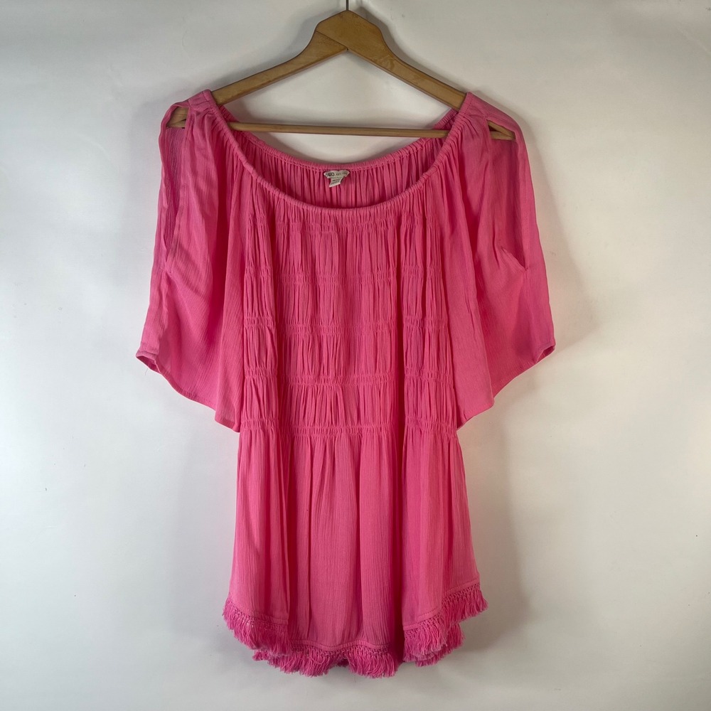 Cato Blouse Womens 18/20W Pink Smocked Cold Shoulder Fringe Boho Top
